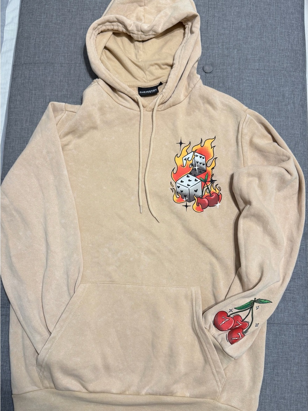 Chemistry Beige Hoodie with Flaming Dice & Cherry Graphics